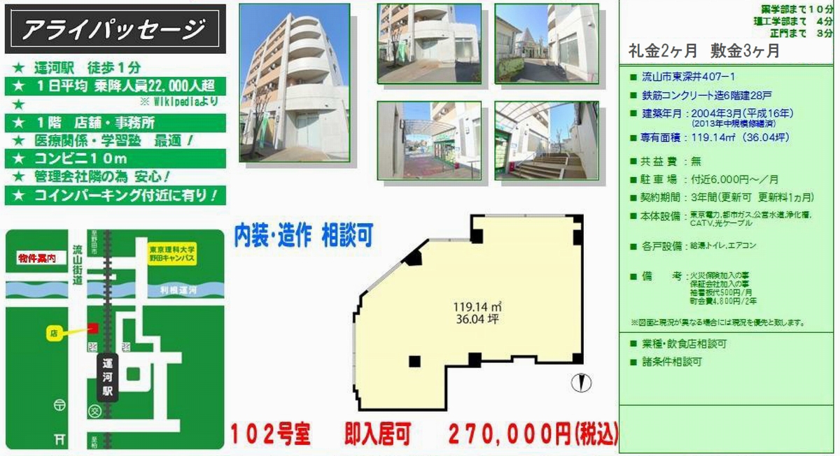 流山市大字東深井407 1 運河駅 アライパッセージの貸事務所 貸店舗 賃貸オフィス 物件詳細 不動産i Land 519