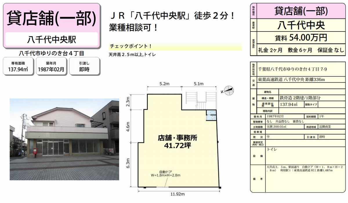 八千代市ゆりのき台4-7-9(八千代中央駅)の貸事務所・賃貸オフィス・貸店舗 物件詳細[50859]八千代市ゆりのき台4-7-9 八千代中央 店舗 詳細データ