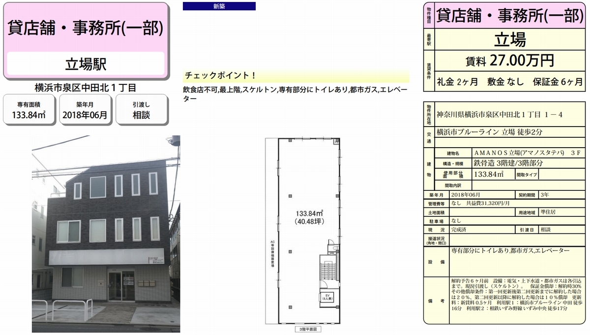 横浜市泉区中田北1-1-4(立場駅)の賃貸事務所・貸事務所・貸店舗の物件紹介[51683]横浜市泉区中田北1-1-4 アマノス立場 詳細データ